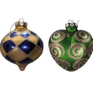 Christmas Ornaments Lot Of 2 Satin Finish Glass Large Gold‎ Green Purple VTG Y2K